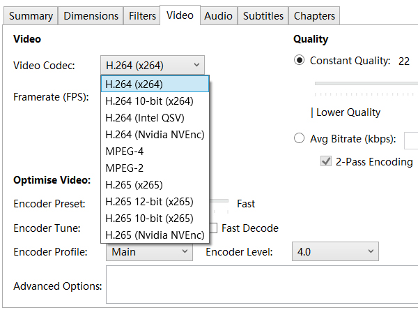 Handbreak - video codec